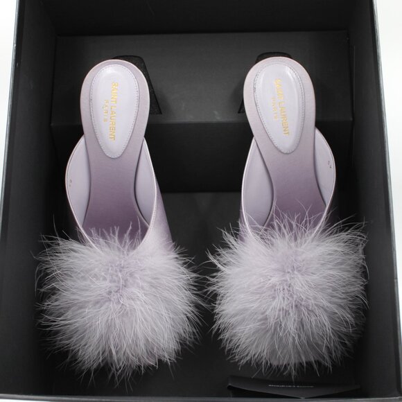 NWB Saint Laurent Paris Feather Pom Pom Kitten Heels Mules SlipOns Poly Grey 39 - Picture 2 of 9
